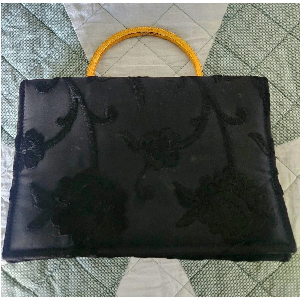 Cara Evening Bag Women Small Black Good Vintage Embroidered Satin Gold Handle